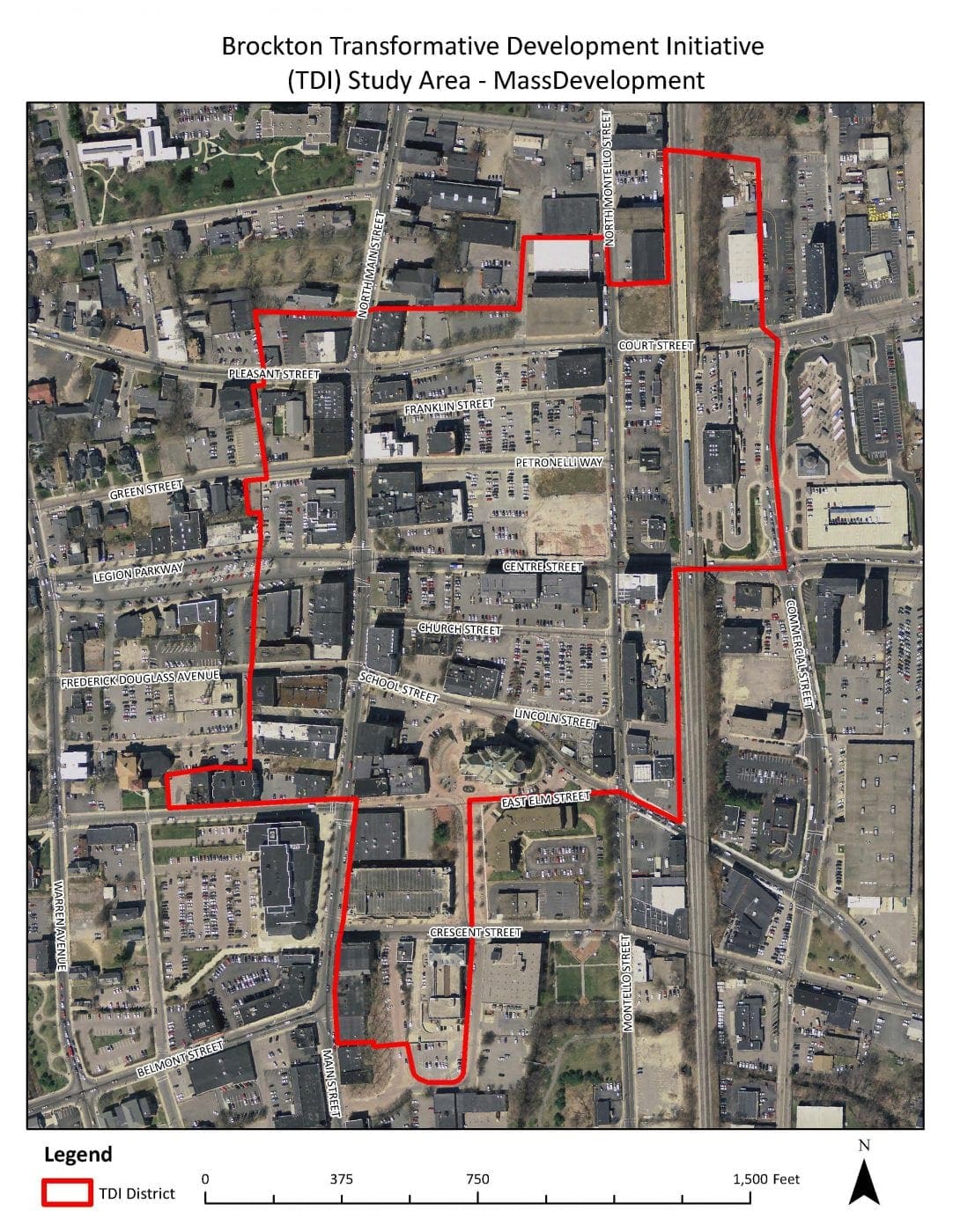 Aerial map of downtown Brockton showing the TDI (Transformative Development Initiative) District outlined in red, covering key streets like Main, Montello, and Crescent.
