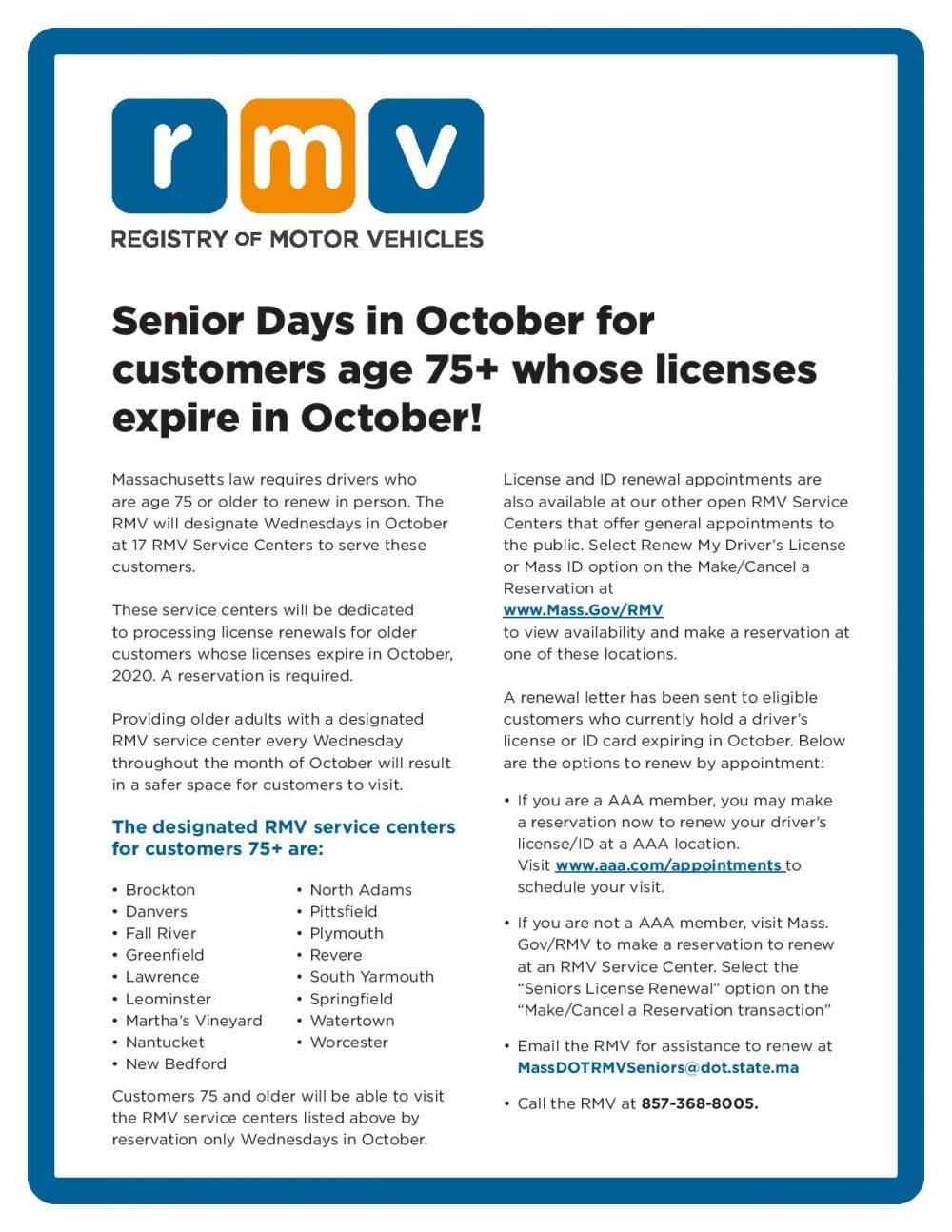RMV Flyer for Senior Days in October