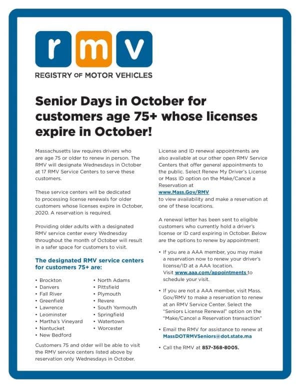 RMV Opening in October for customers age 75+to renew their licenses