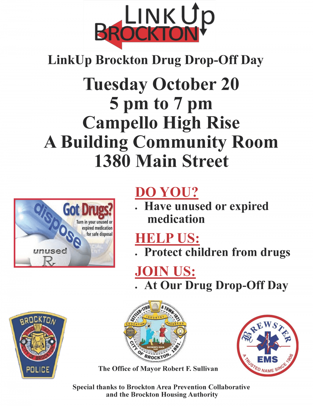 LinkUp Brockton Drug Drop-off Flyer in English for October 20, 2020