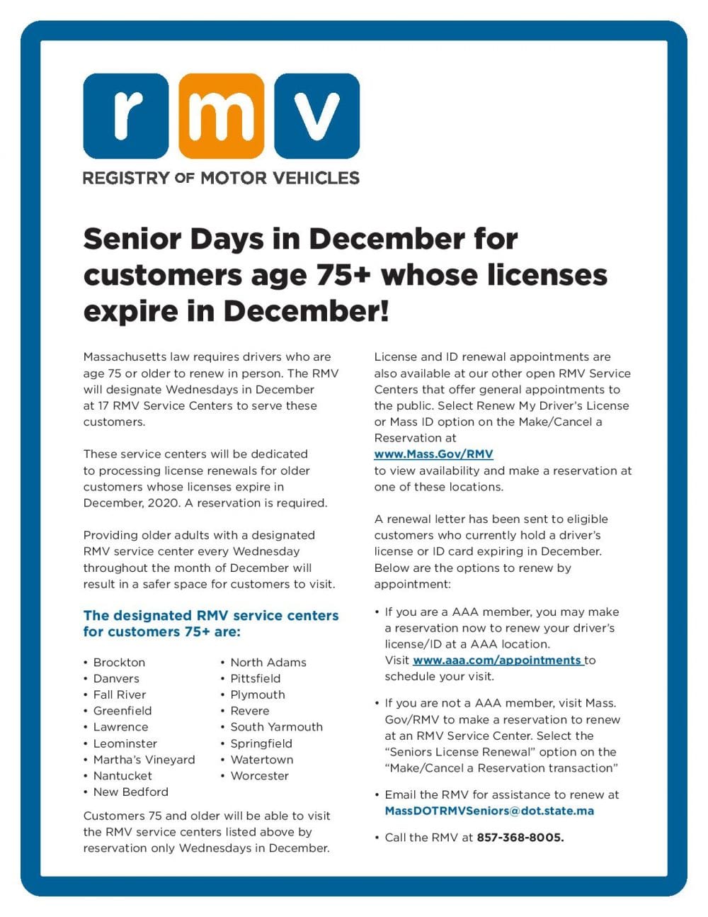 RMV December Senior Days Flyer