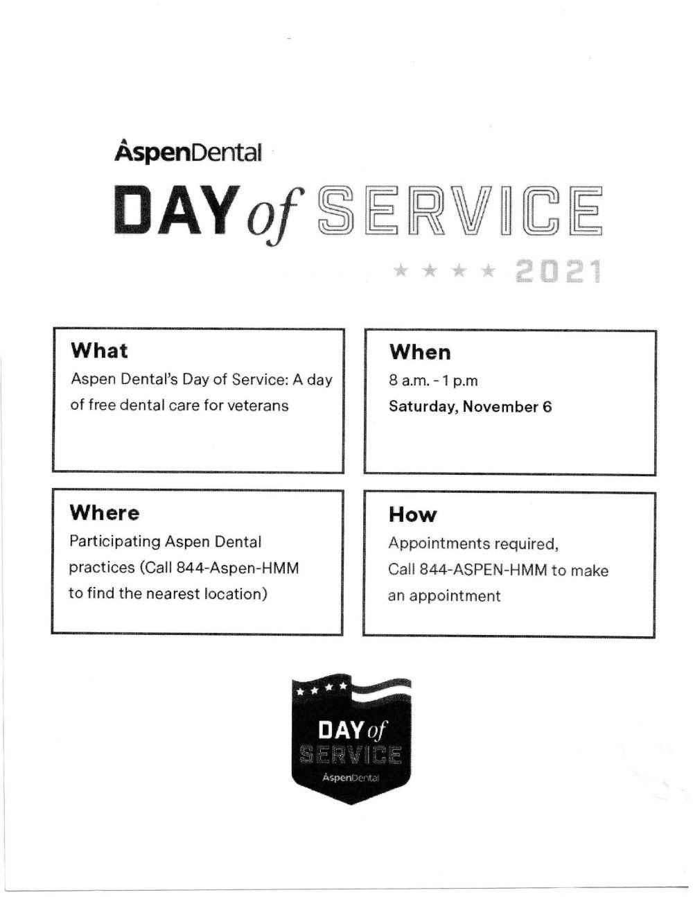 Aspen Dental Day of Service for Veterans November 6, 2021 Flyer