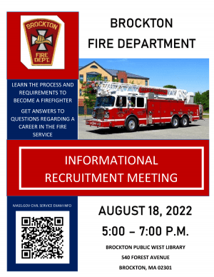 Brockton Fire Department Informational Recruitments Meeting Flyer for August 18, 2022