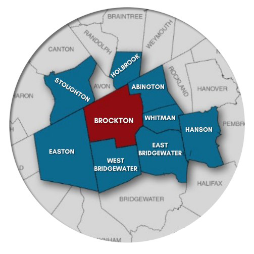 map showing Brockton and surrounding towns.
